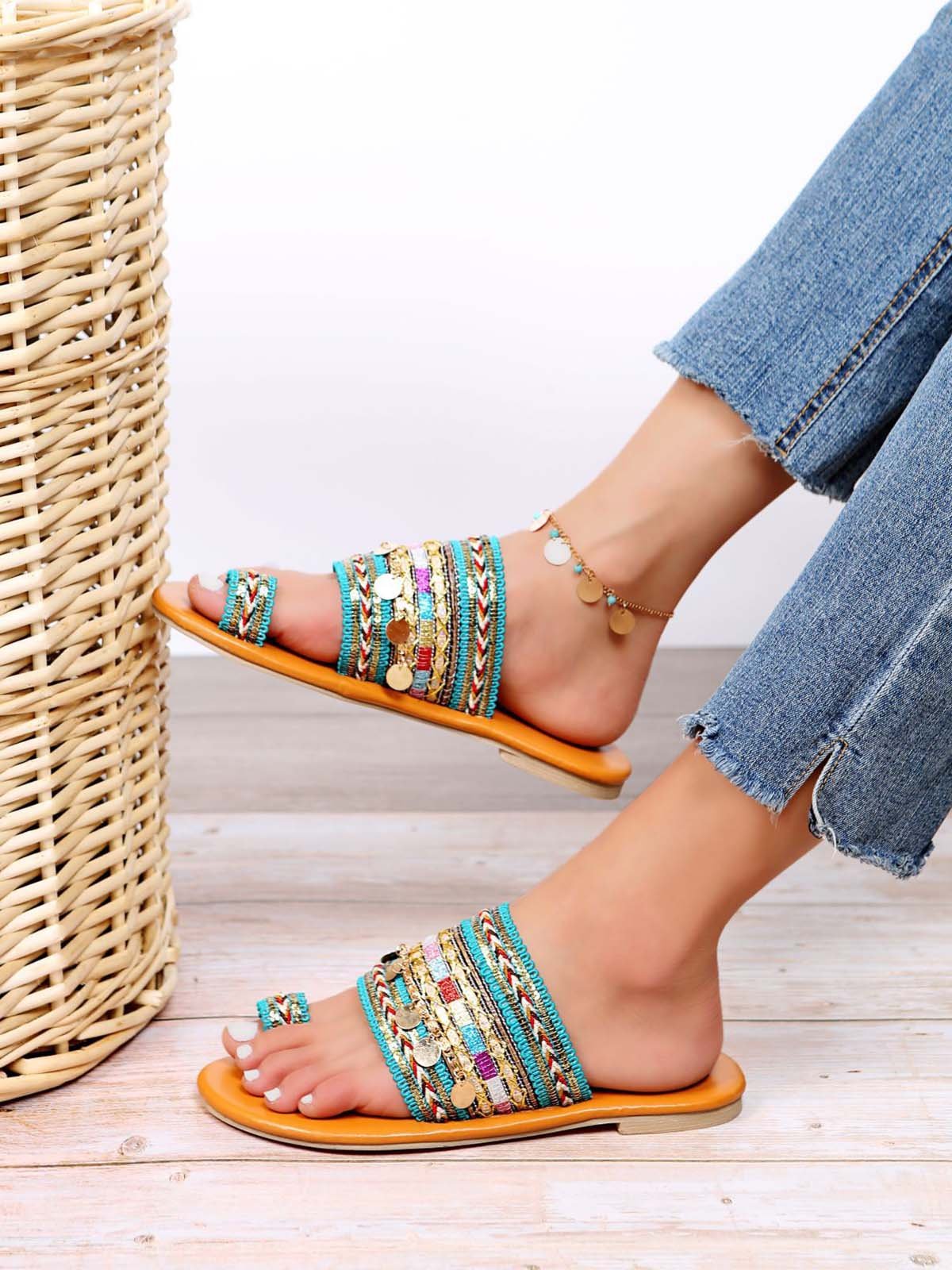 Woven Ethnic Pattern Sequined Thong Boho Slippers