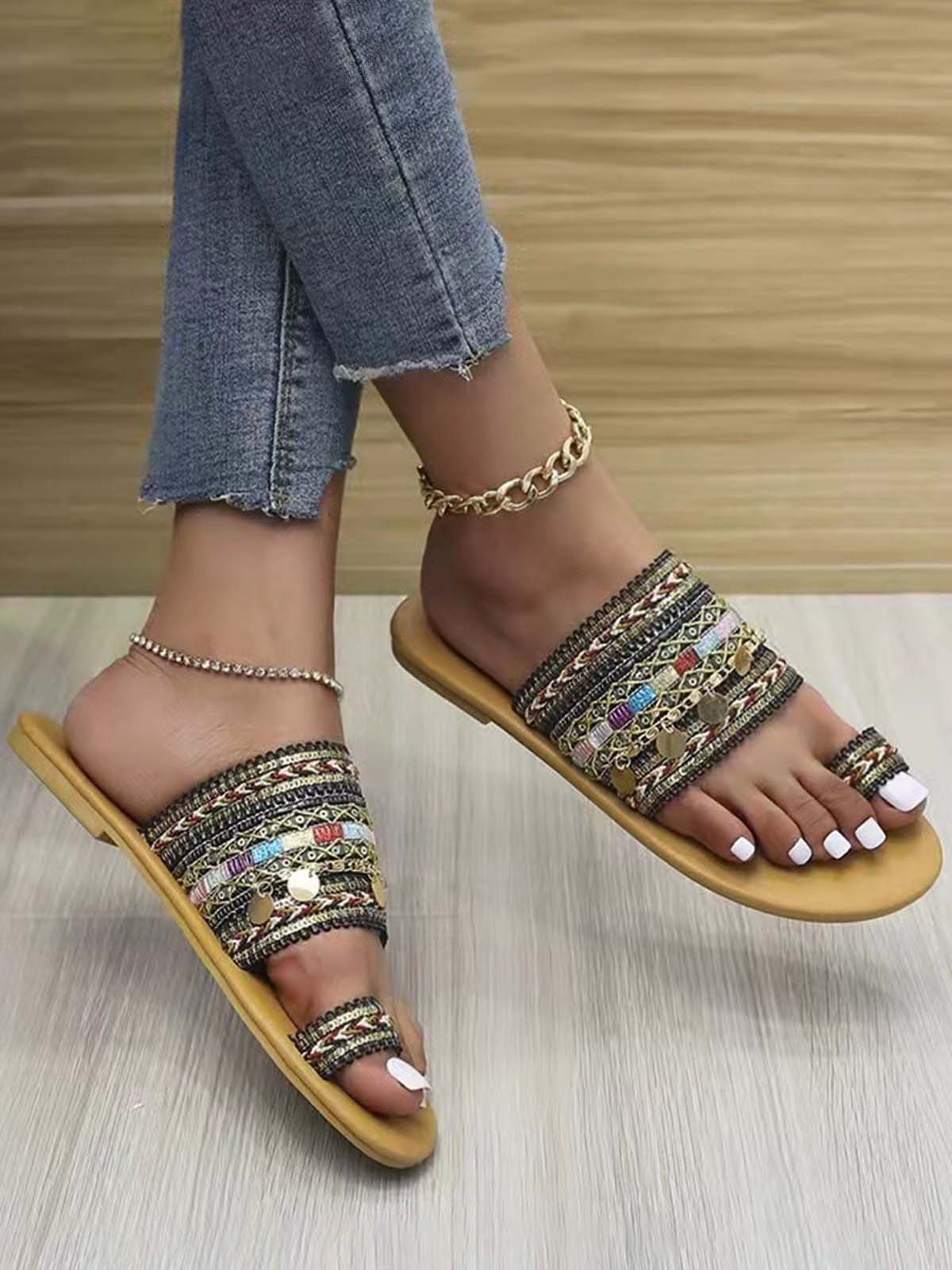 Woven Ethnic Pattern Sequined Thong Boho Slippers