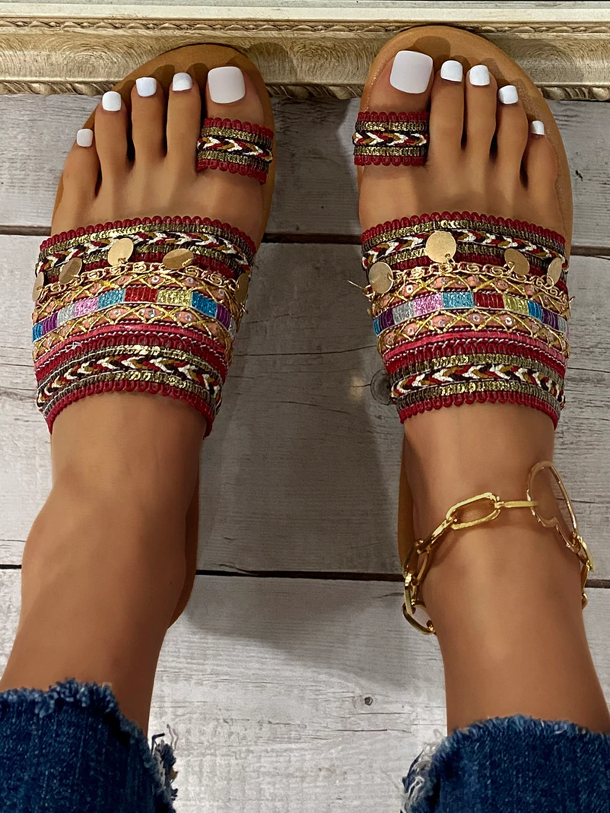 Woven Ethnic Pattern Sequined Thong Boho Slippers