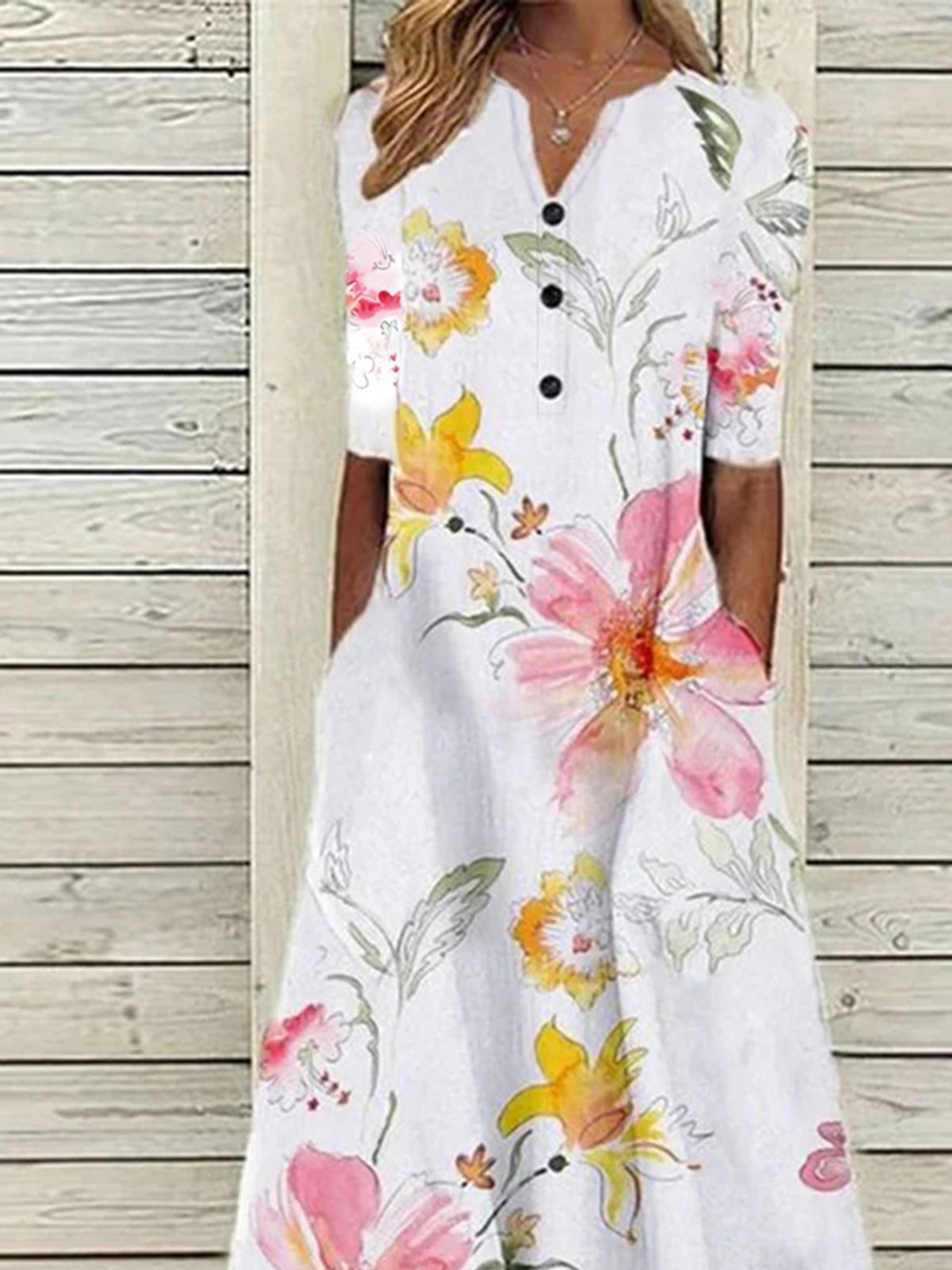 Floral Casual V Neck Half Sleeve Buttoned Pockets A-line Dress | zolucky