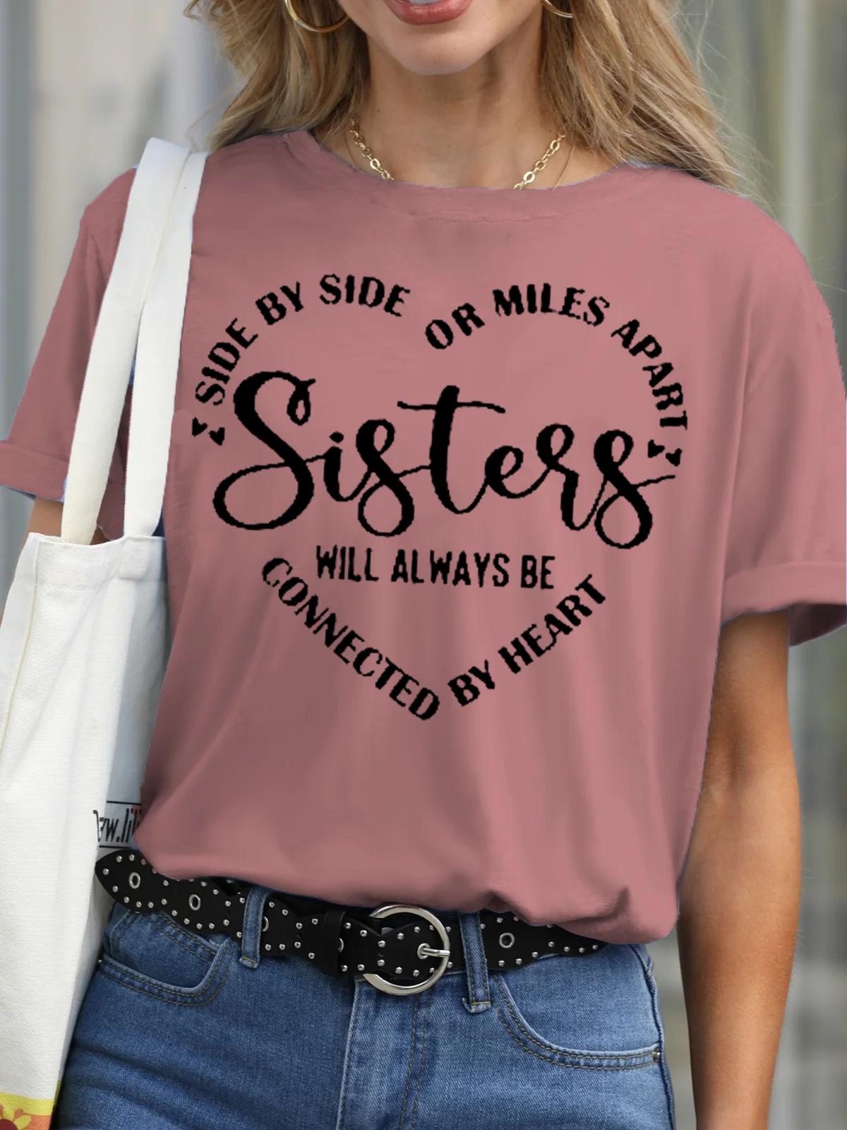 Womens Sisters Will Always Be Connected By Heart Letter Casual Short Sleeve T-Shirt