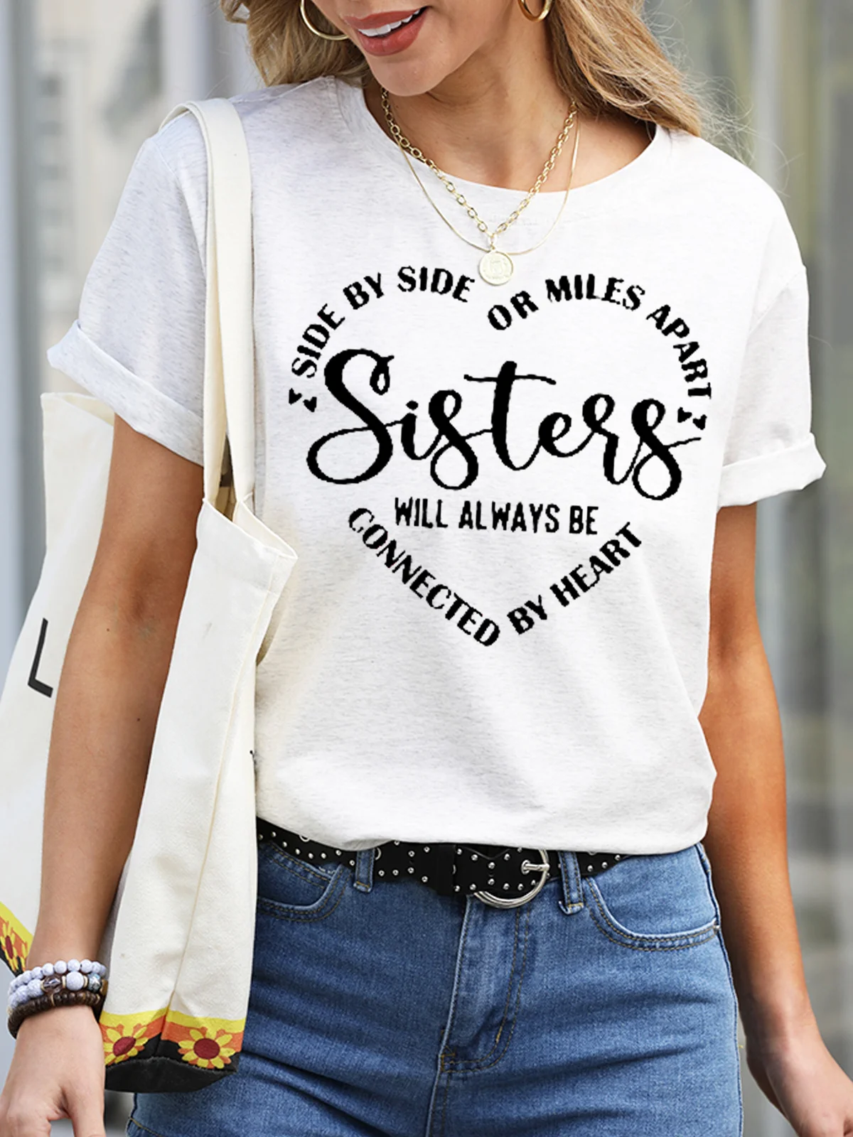 Womens Sisters Will Always Be Connected By Heart Letter Casual Short Sleeve T-Shirt