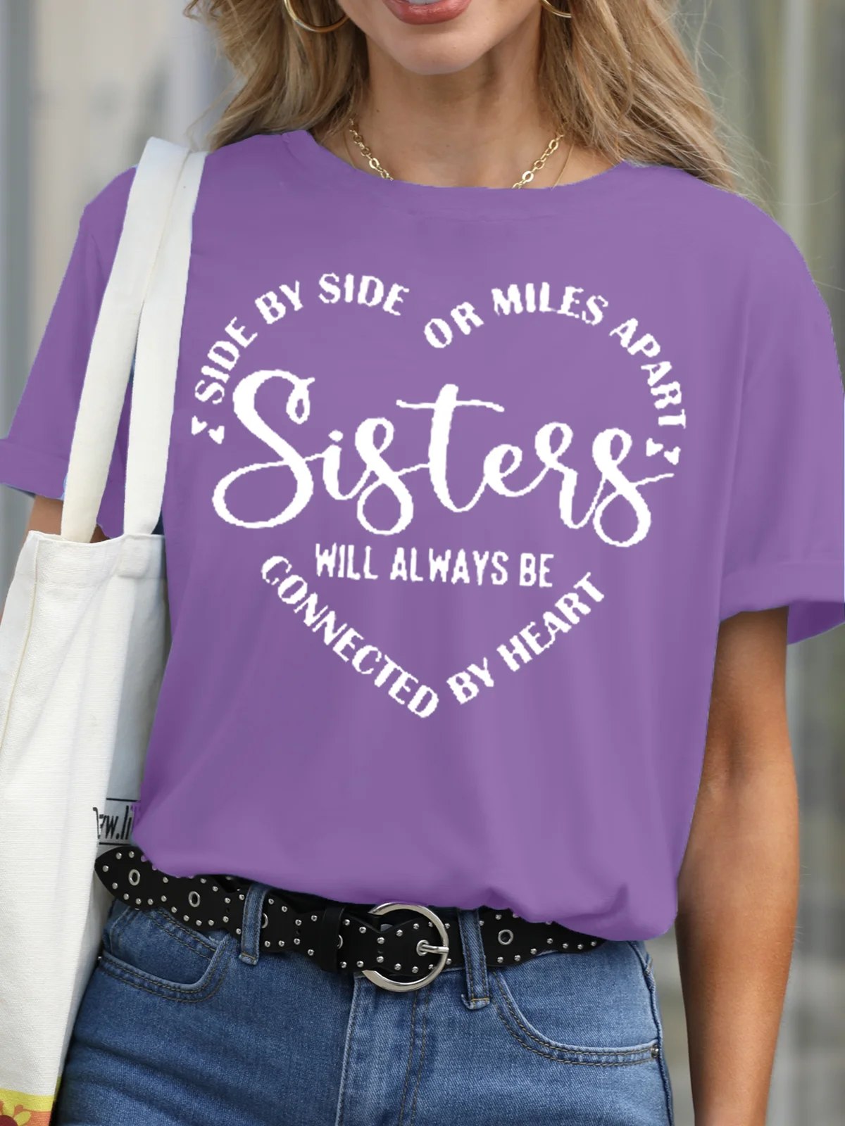 Womens Sisters Will Always Be Connected By Heart Letter Casual Short Sleeve T-Shirt