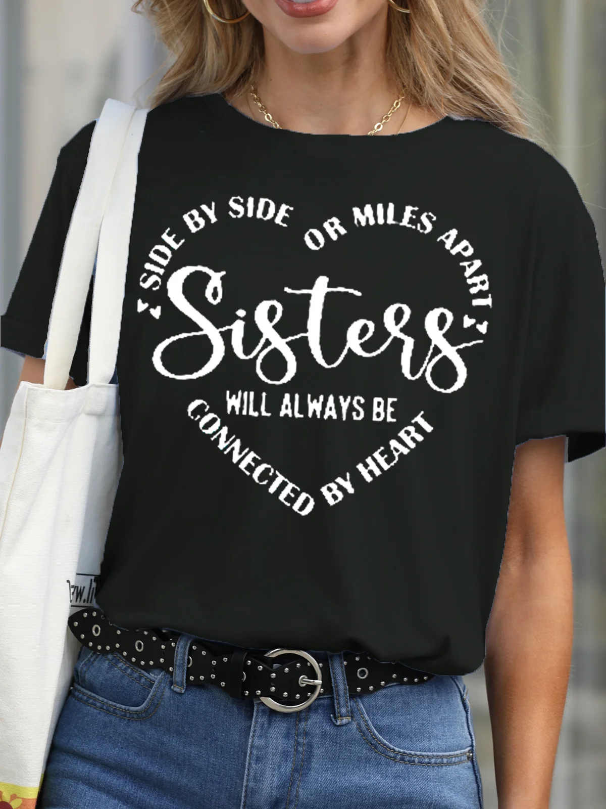 Womens Sisters Will Always Be Connected By Heart Letter Casual Short Sleeve T-Shirt