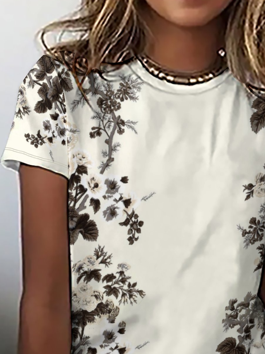 Casual Vintage Floral Print Crew Neck Short Sleeve T-Shirt