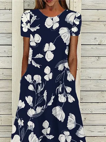 Cotton Blends Floral Loosen Short Sleeve Woven Dress