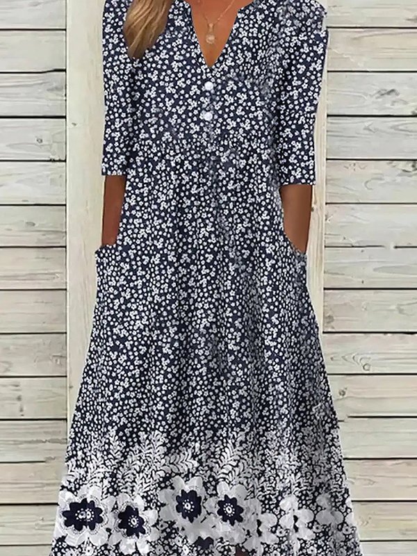 Casual Floral Woven Notched Neckline Maxi Dress