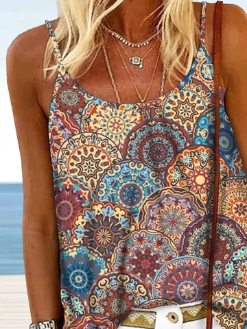 Geometric Tribal Floral Printed Vacation Boho Casual Loosen Spaghetti Tank & Cami