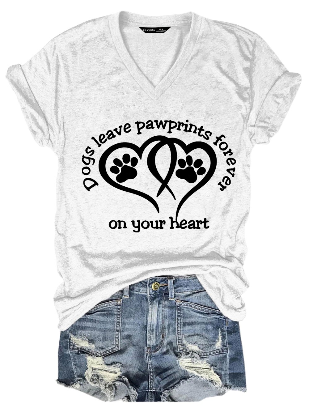 Women Funny Dogs Leave Paw prints Forever On Your Heart Simple V Neck Cotton-Blend T-Shirt