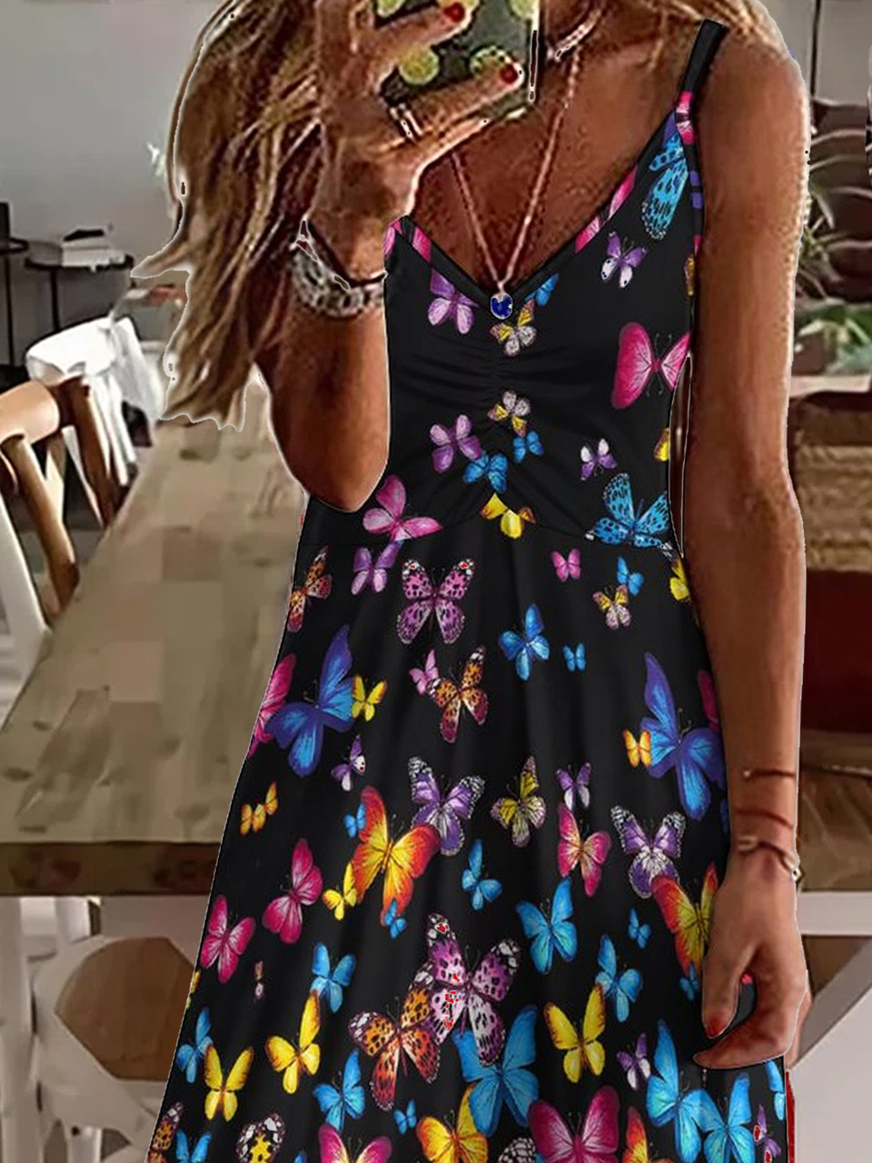 Womens Butterfly Casual V Neck Dress