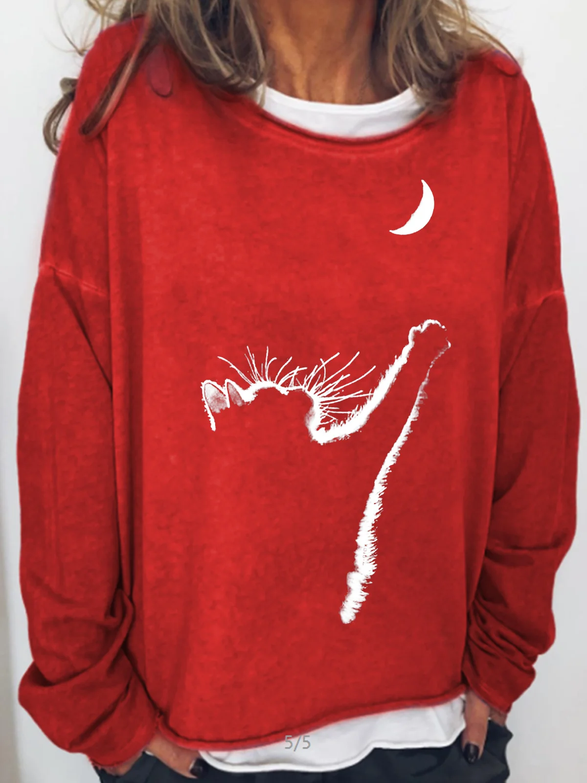 Womens Cat Moon Print Casual Crew Neck Sweatshirt