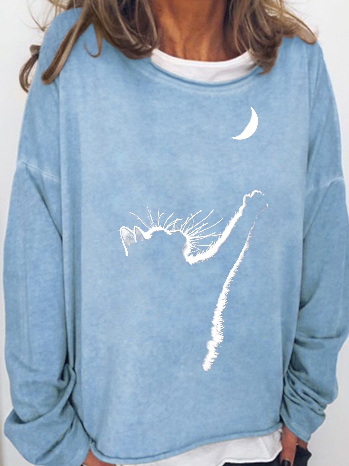 Womens Cat Moon Print Casual Crew Neck Sweatshirt