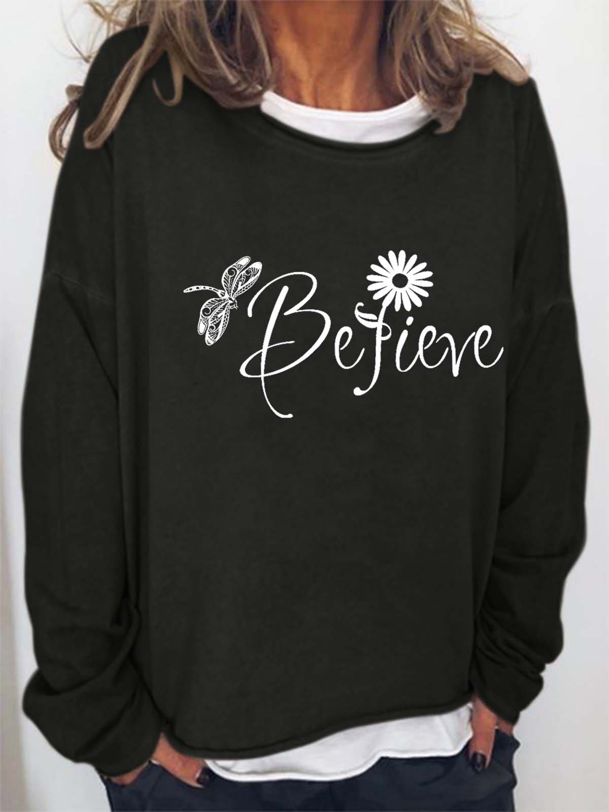 Women Dragonfly Floral Letters Casual Sweatshirt