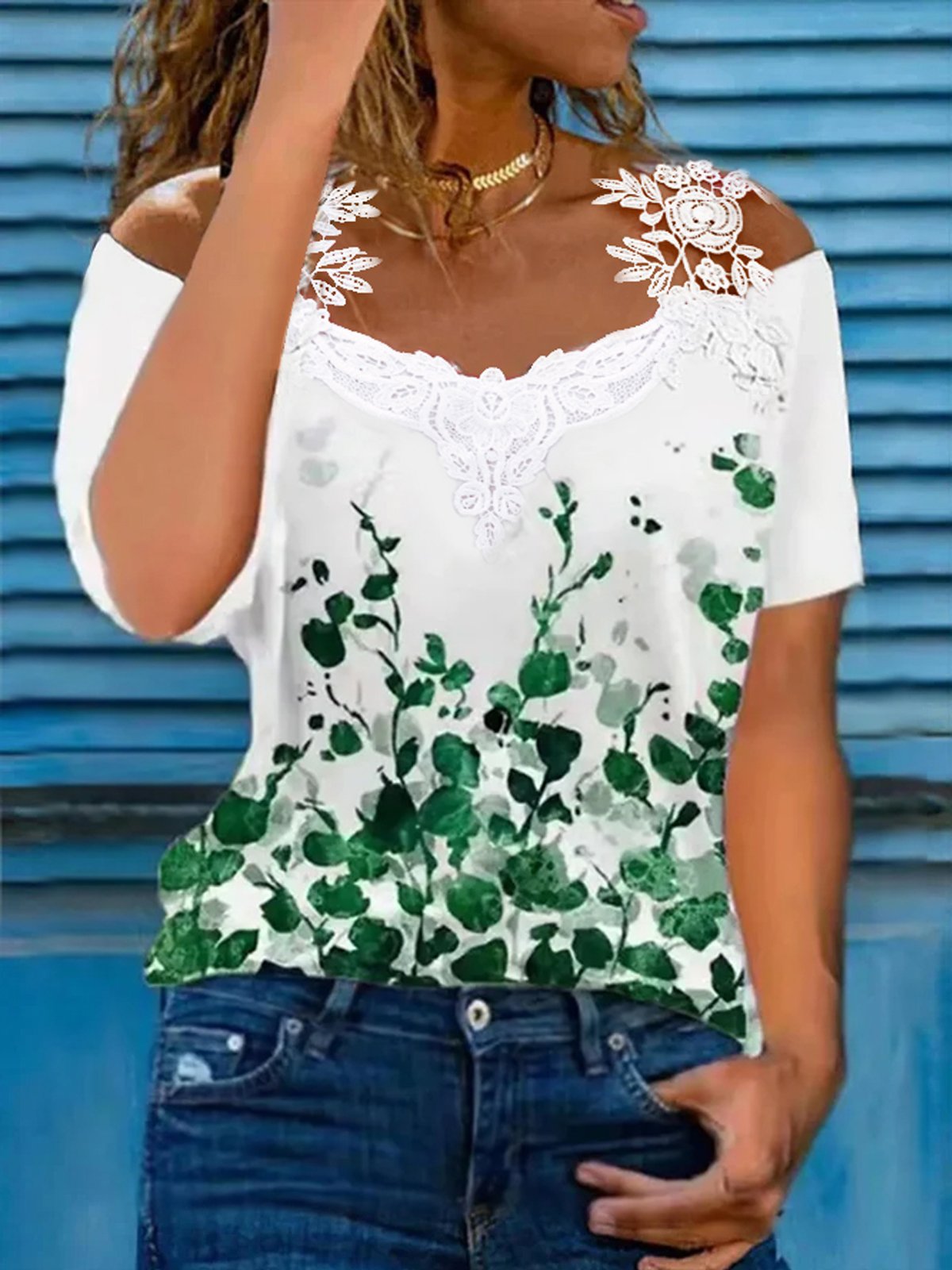 Casual Floral Short Sleeve V Neck Printed Top T-shirt | zolucky