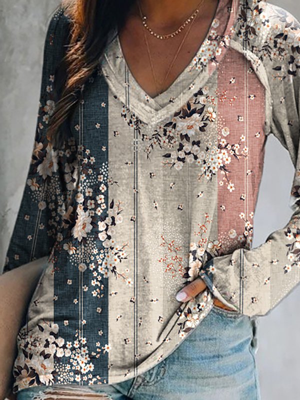 Long sleeve V Neck Floral Casual T-Shirt