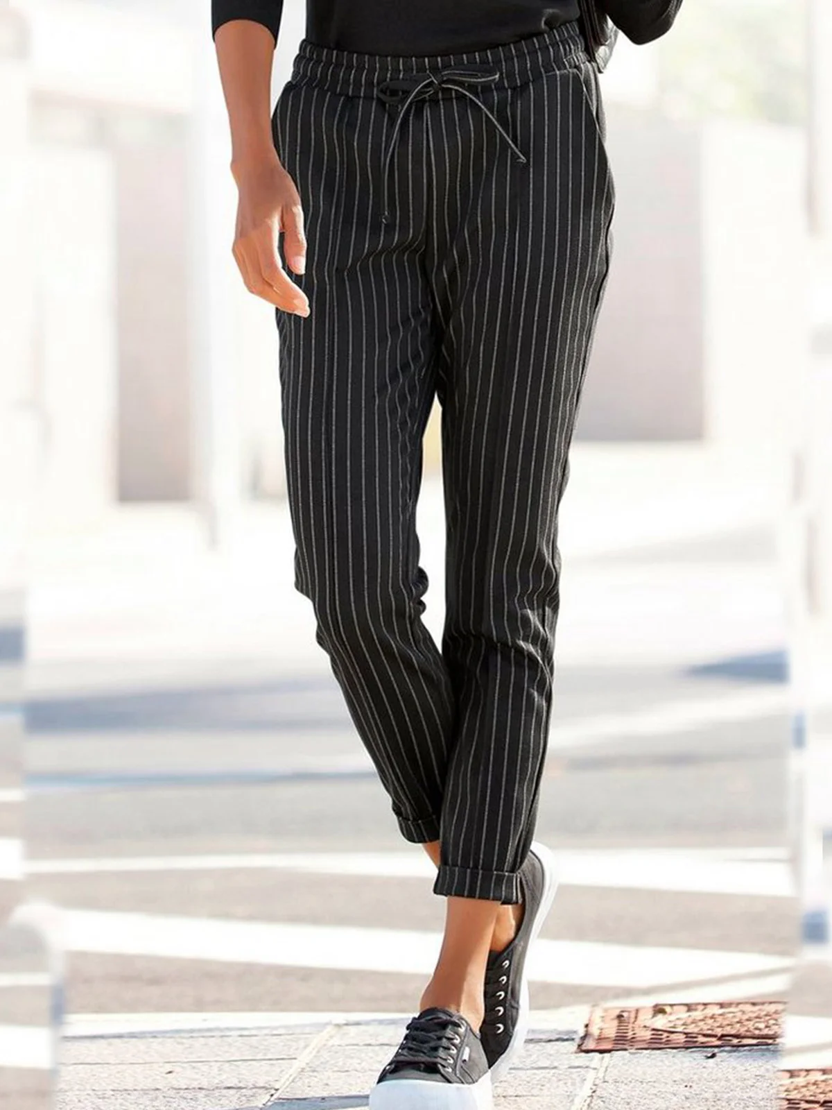 Striped Casual Autumn Lightweight No Elasticity Daily Mid Waist Elastic Band Long Casual Pants for Women