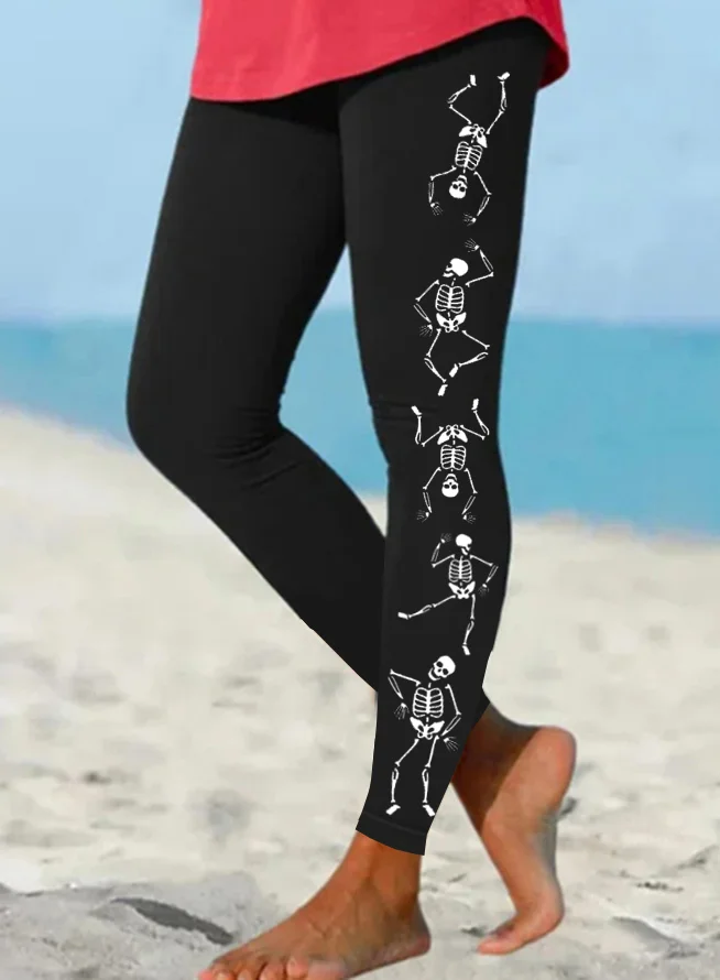 Womens Dancing Skeleton Halloween Casual Leggings