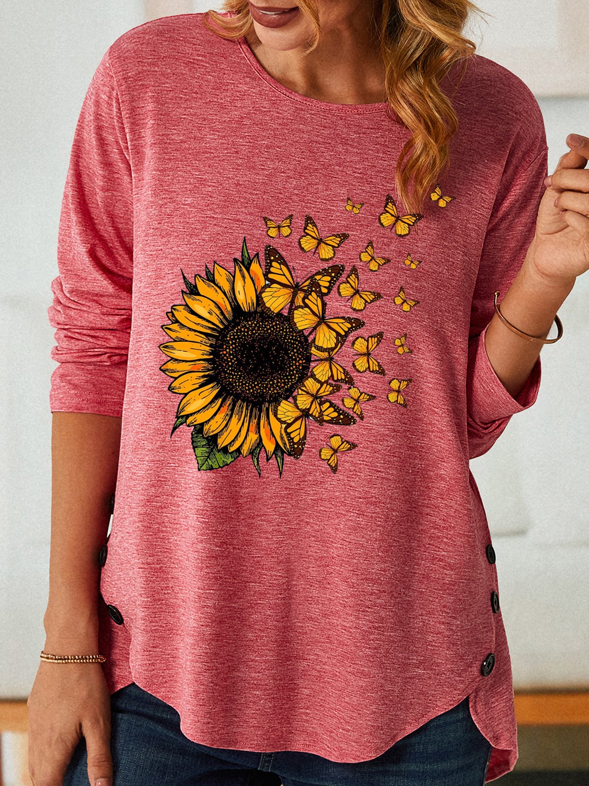 Womens Sunflower Butterfly Crew Neck Casual Top