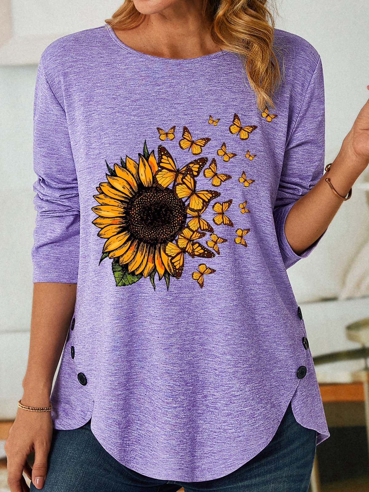 Womens Sunflower Butterfly Crew Neck Casual Top