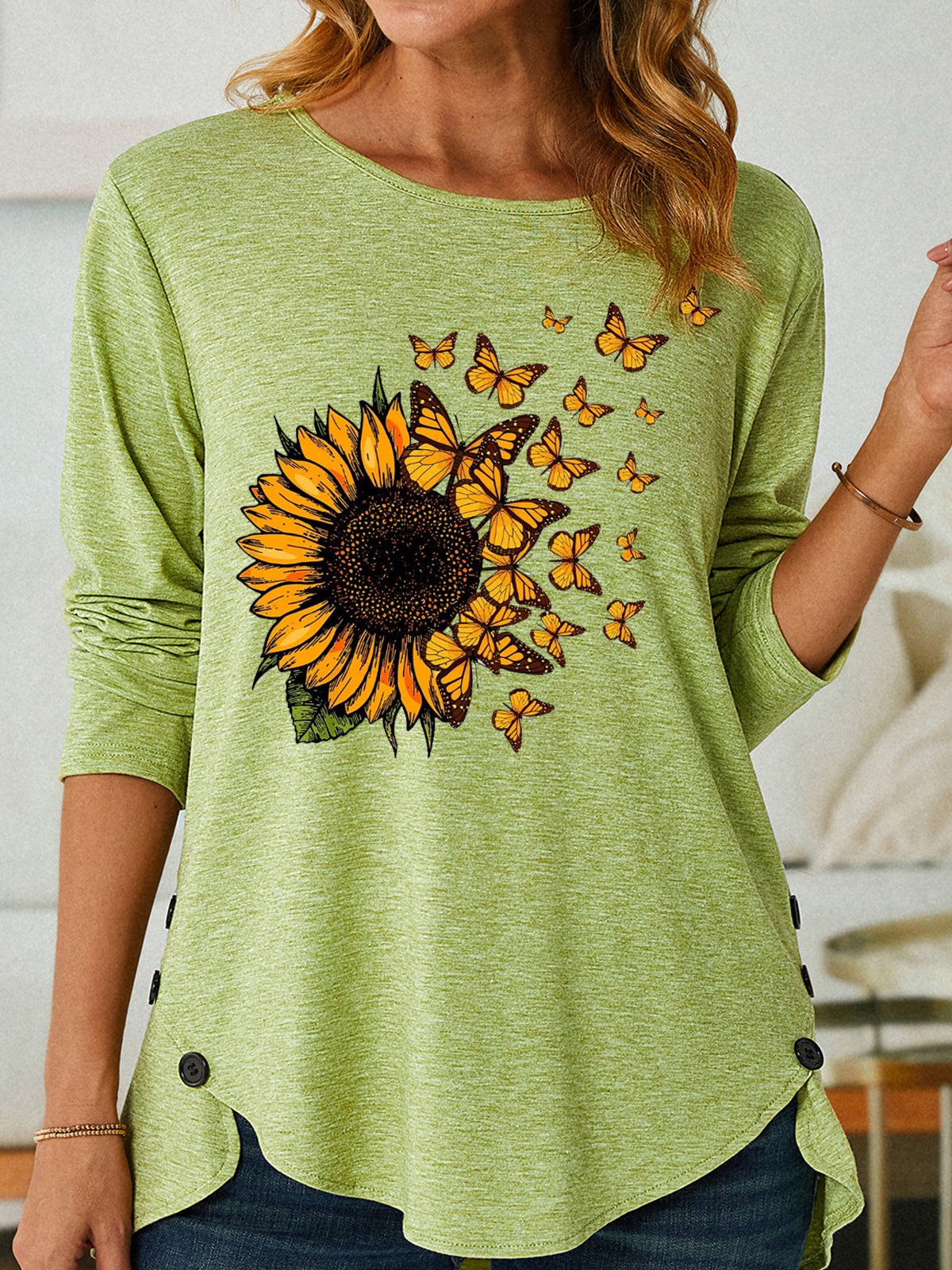 Womens Sunflower Butterfly Crew Neck Casual Top