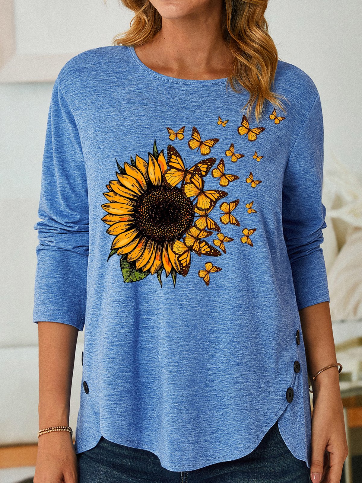 Womens Sunflower Butterfly Crew Neck Casual Top