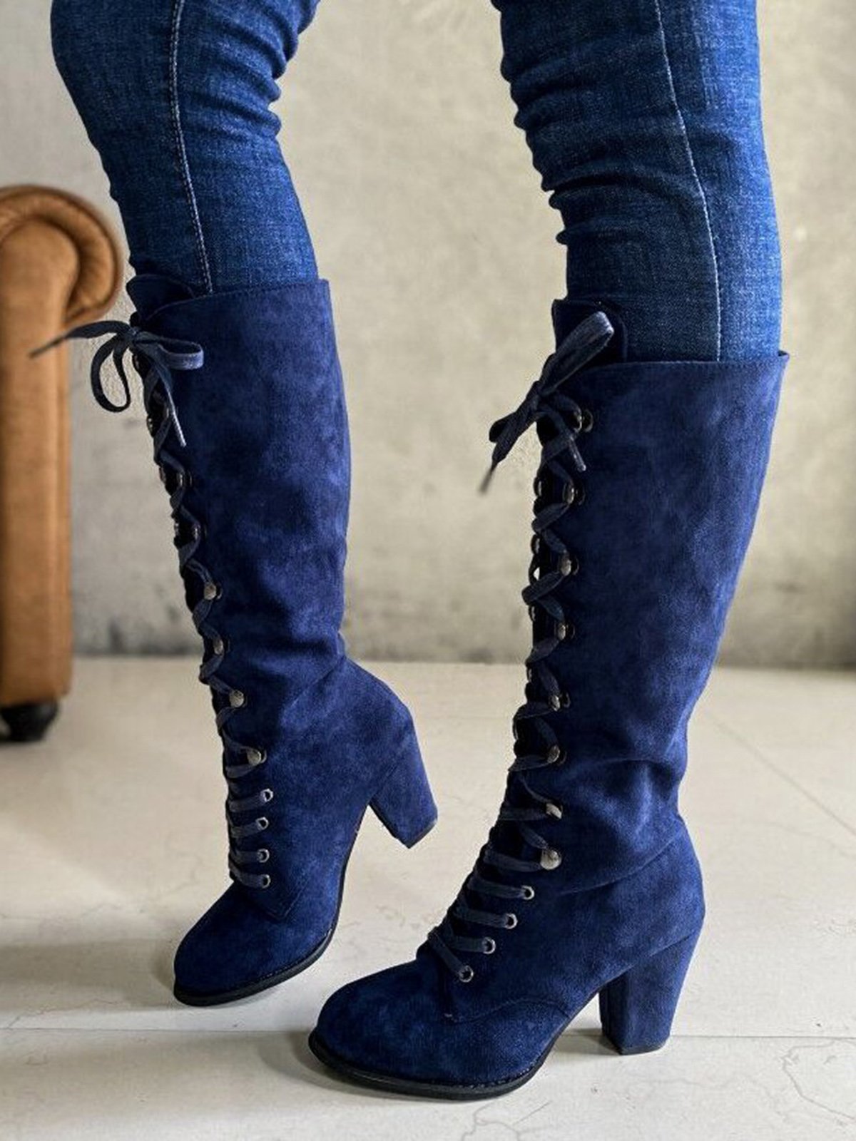 Vintage Elegant Chunky Heel Lace Up Tall Boots