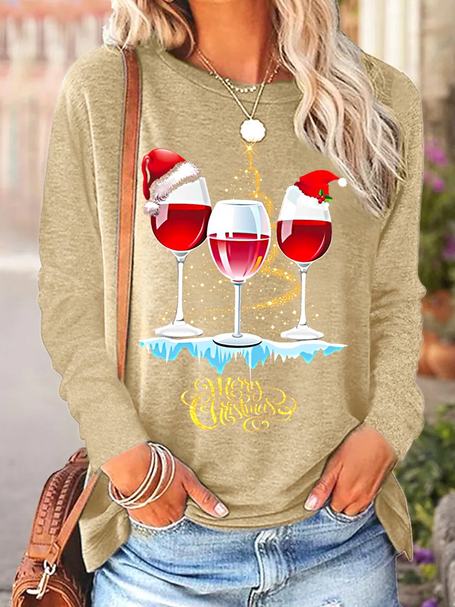 Women Wine Simple Christmas Crew Neck Top
