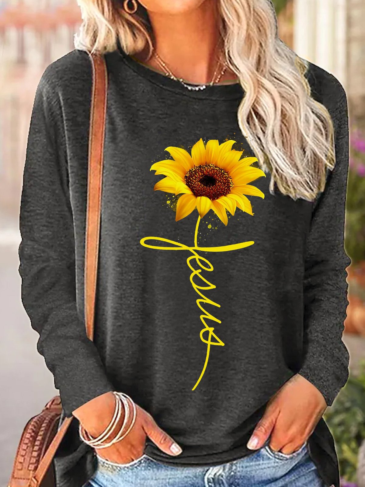 Womens Sunflowers Jesus Long Sleeve Top