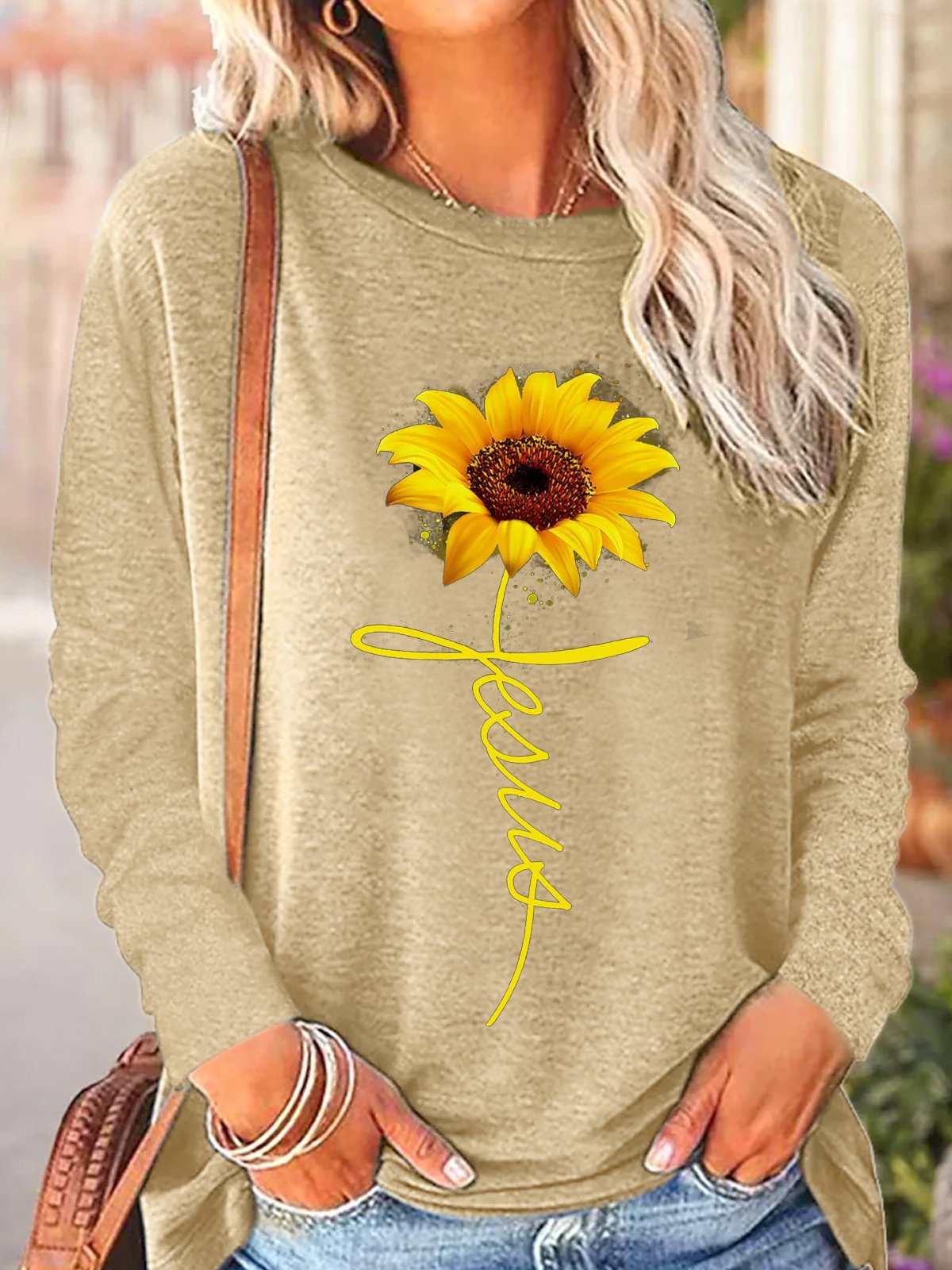 Womens Sunflowers Jesus Long Sleeve Top