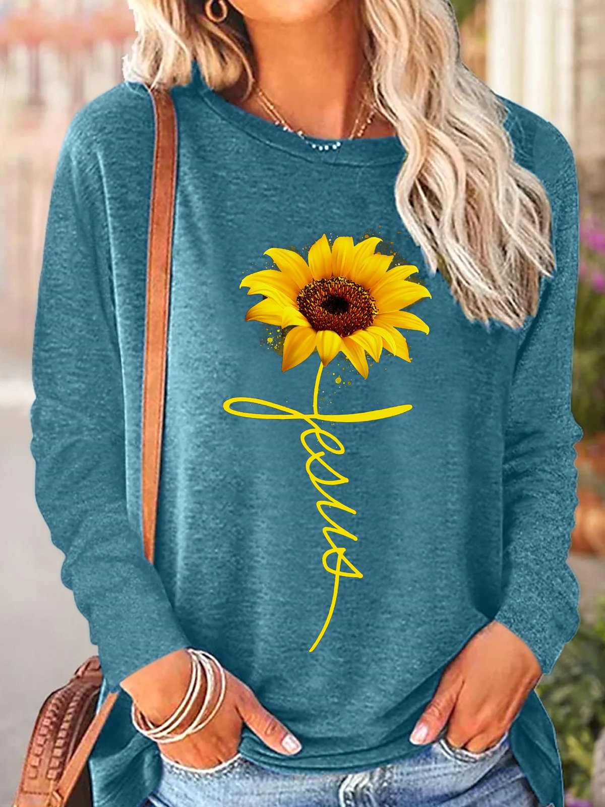 Womens Sunflowers Jesus Long Sleeve Top