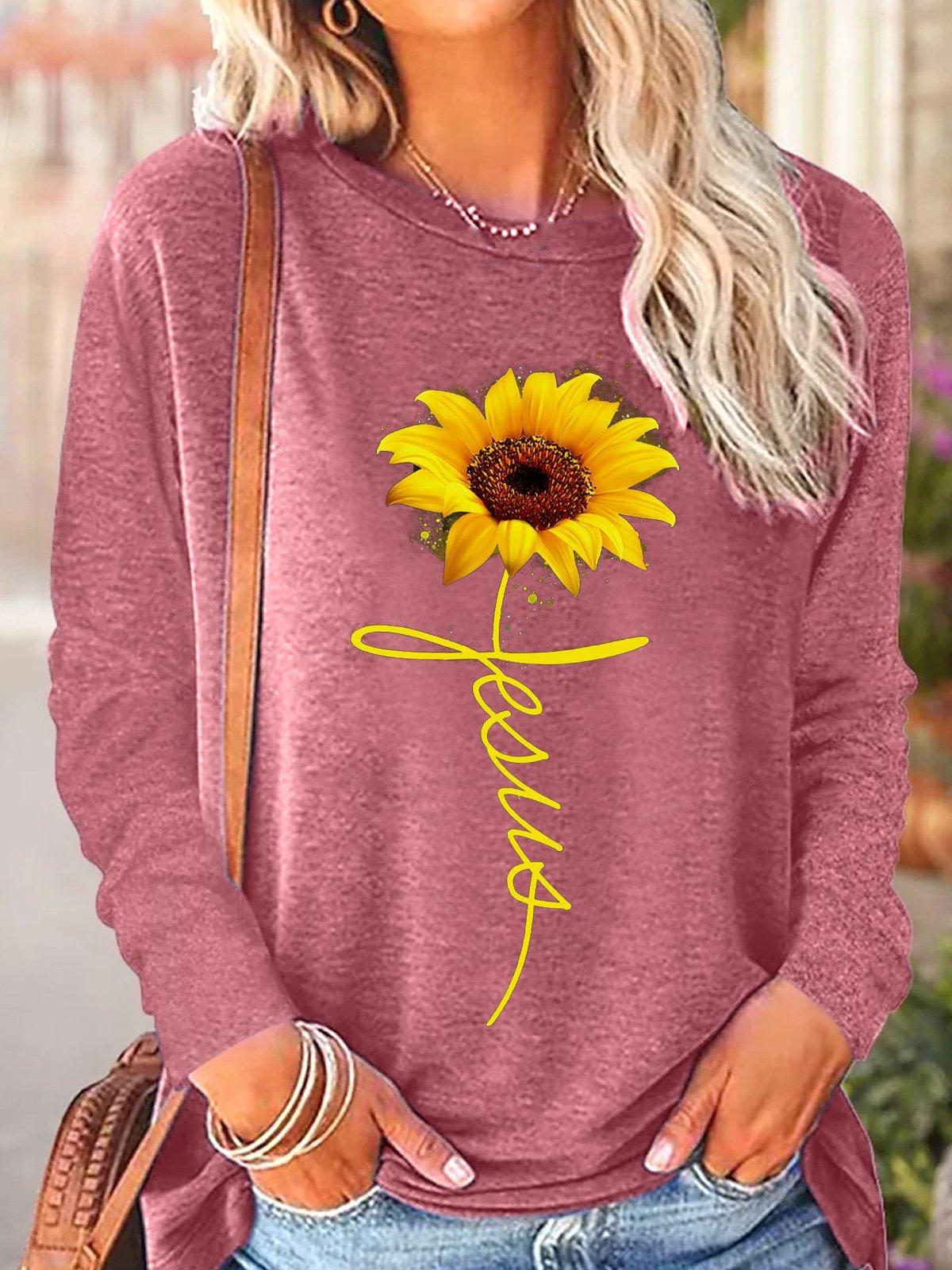 Womens Sunflowers Jesus Long Sleeve Top