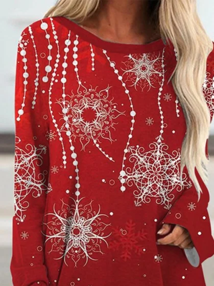 Christmas Snowflake Casual Crew Neck Regular Fit T-Shirt