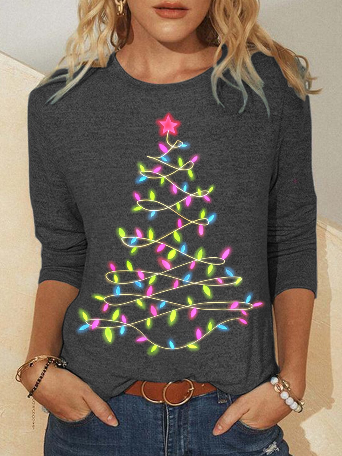 Womens Christmas Tree Light Crew Neck Top