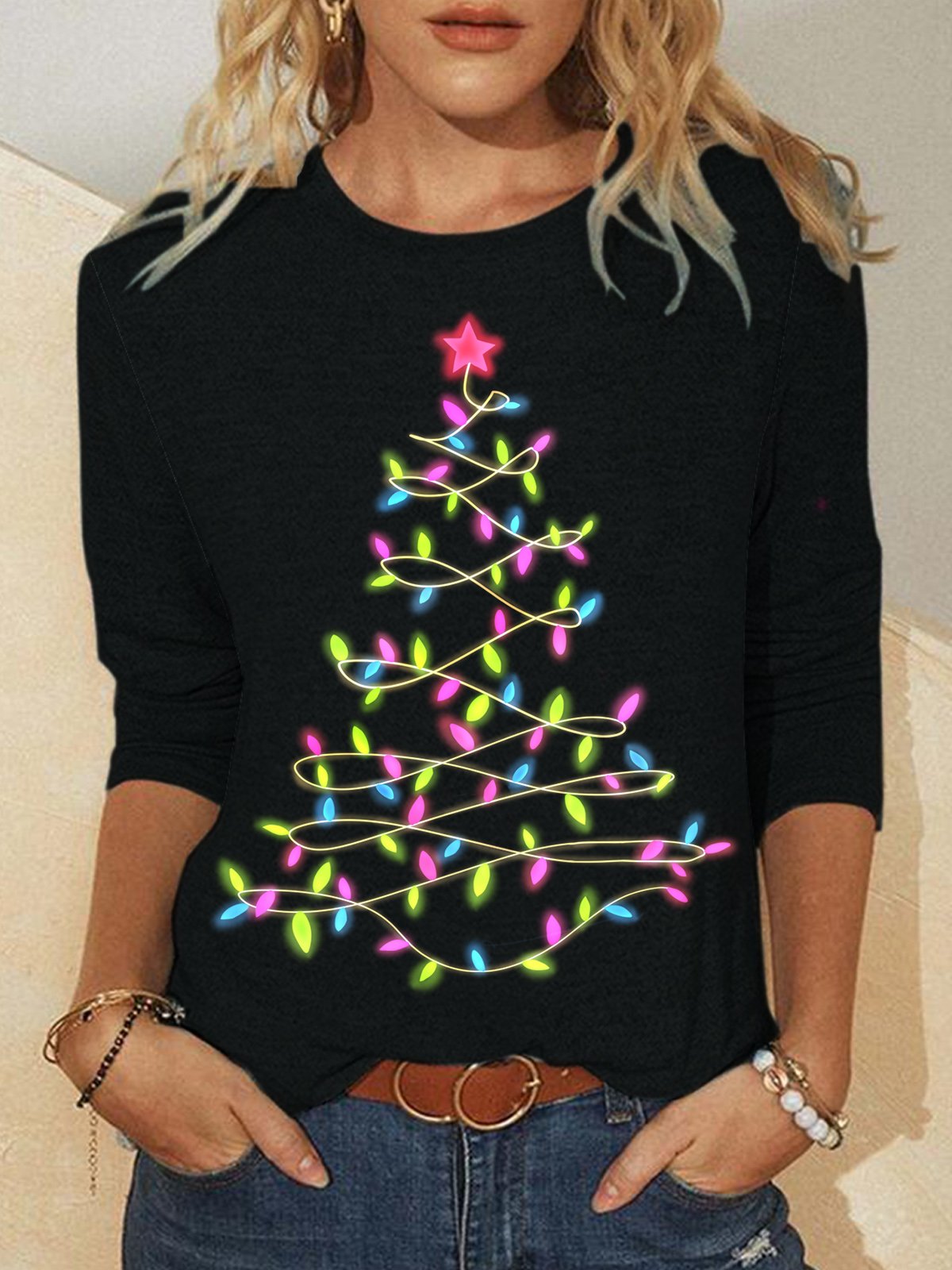 Womens Christmas Tree Light Crew Neck Top