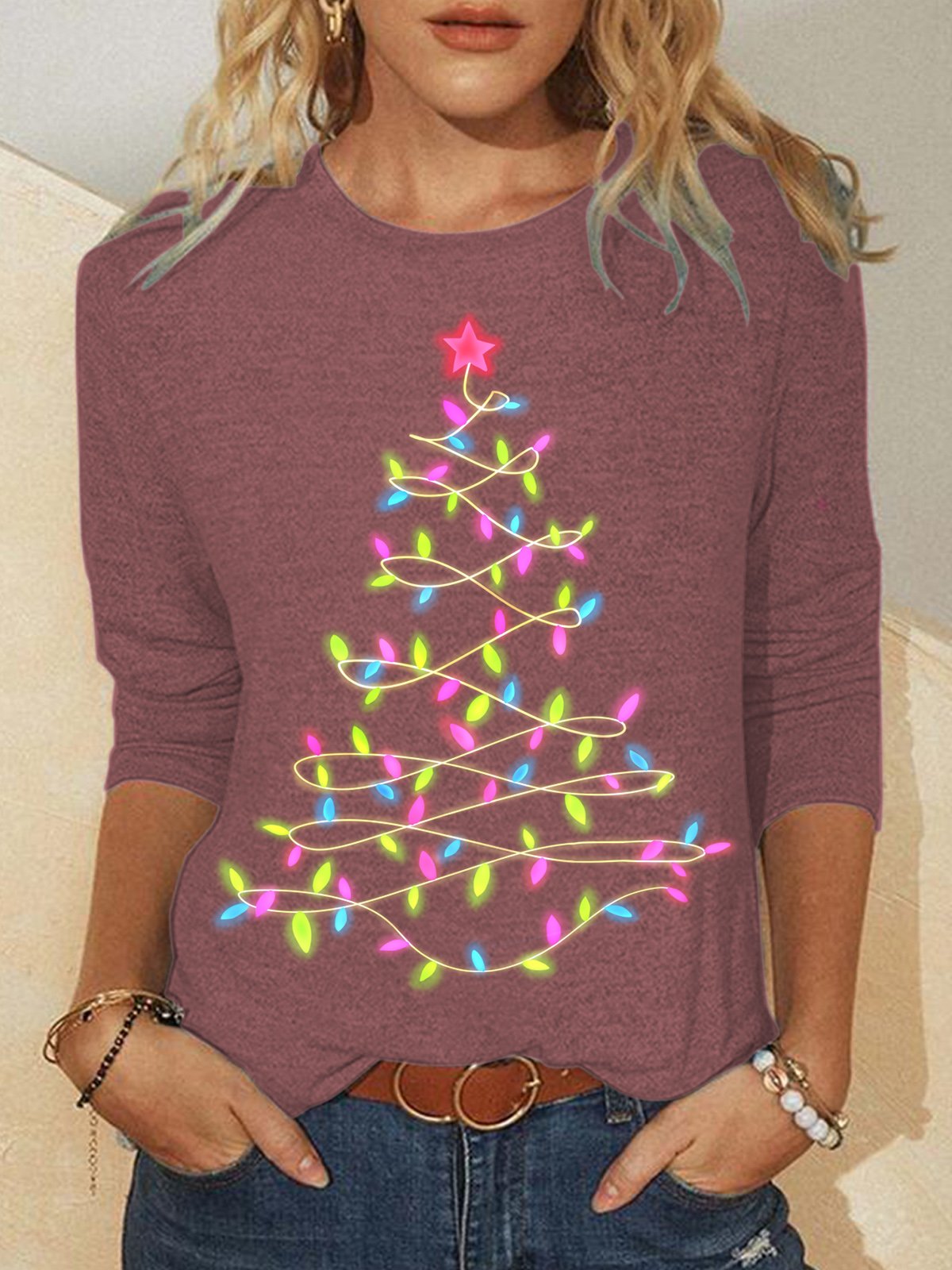 Womens Christmas Tree Light Crew Neck Top