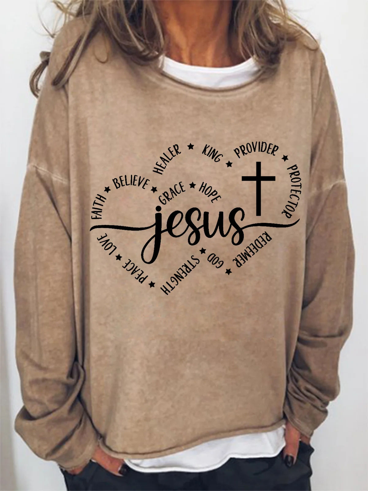 Women Jesus Faith Love Believe Christian Heart Crew Neck Sweatshirt