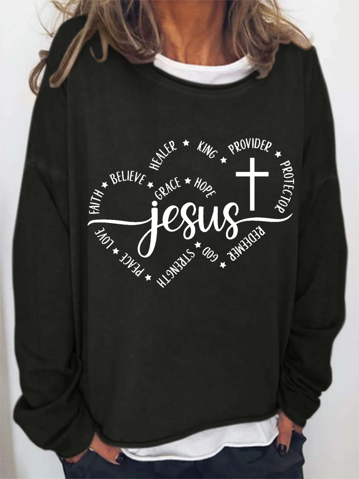 Women Jesus Faith Love Believe Christian Heart Crew Neck Sweatshirt