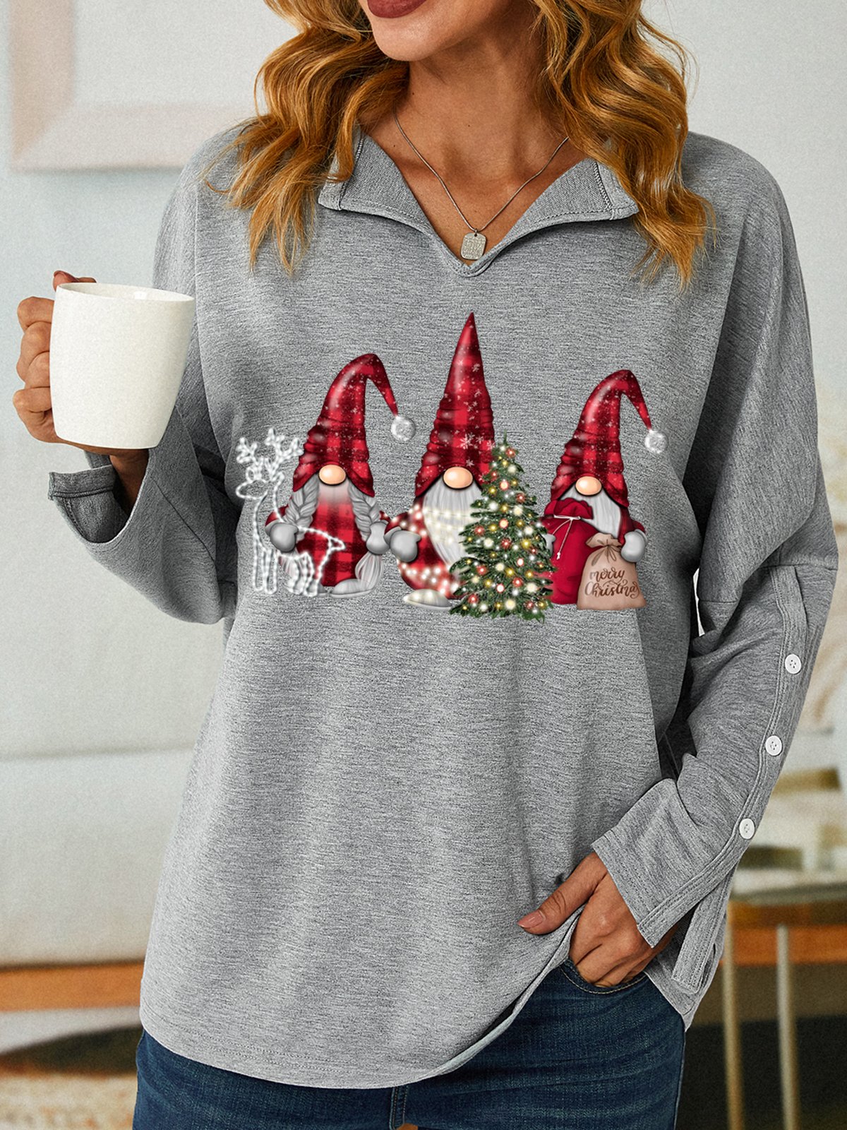 Women's Christmas Gnome Simple V Neck Christmas Sweatshirt