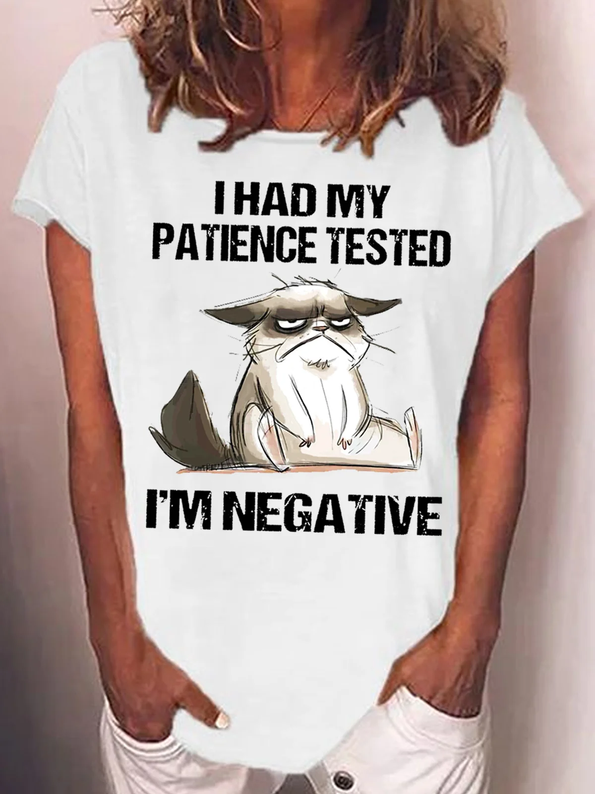 Womens I Had My Patience Tested I'm Negative Cat Funny Sarcasm Casual T-Shirt