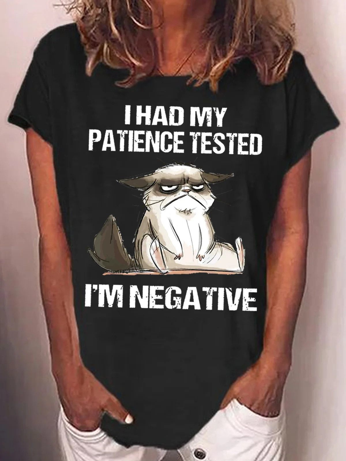 Womens I Had My Patience Tested I'm Negative Cat Funny Sarcasm Casual T-Shirt