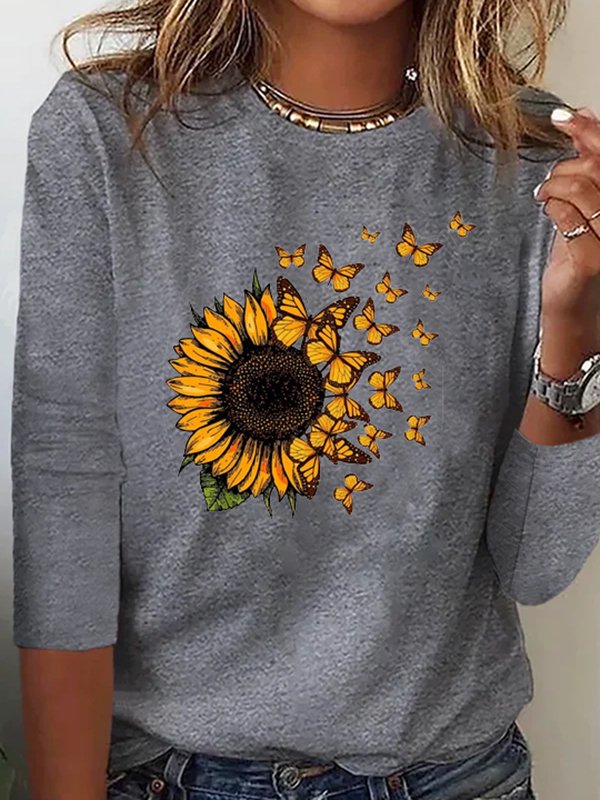 Casual Autumn Sunflower Micro-Elasticity Loose Jersey Standard Crew Neck Regular T-shirt for Women