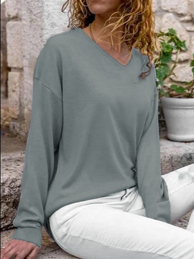 Plain Jersey V Neck Casual Top