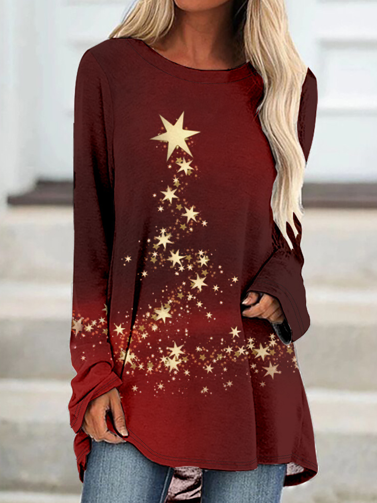 Womens Christmas Light Star Crew Neck Casual Top