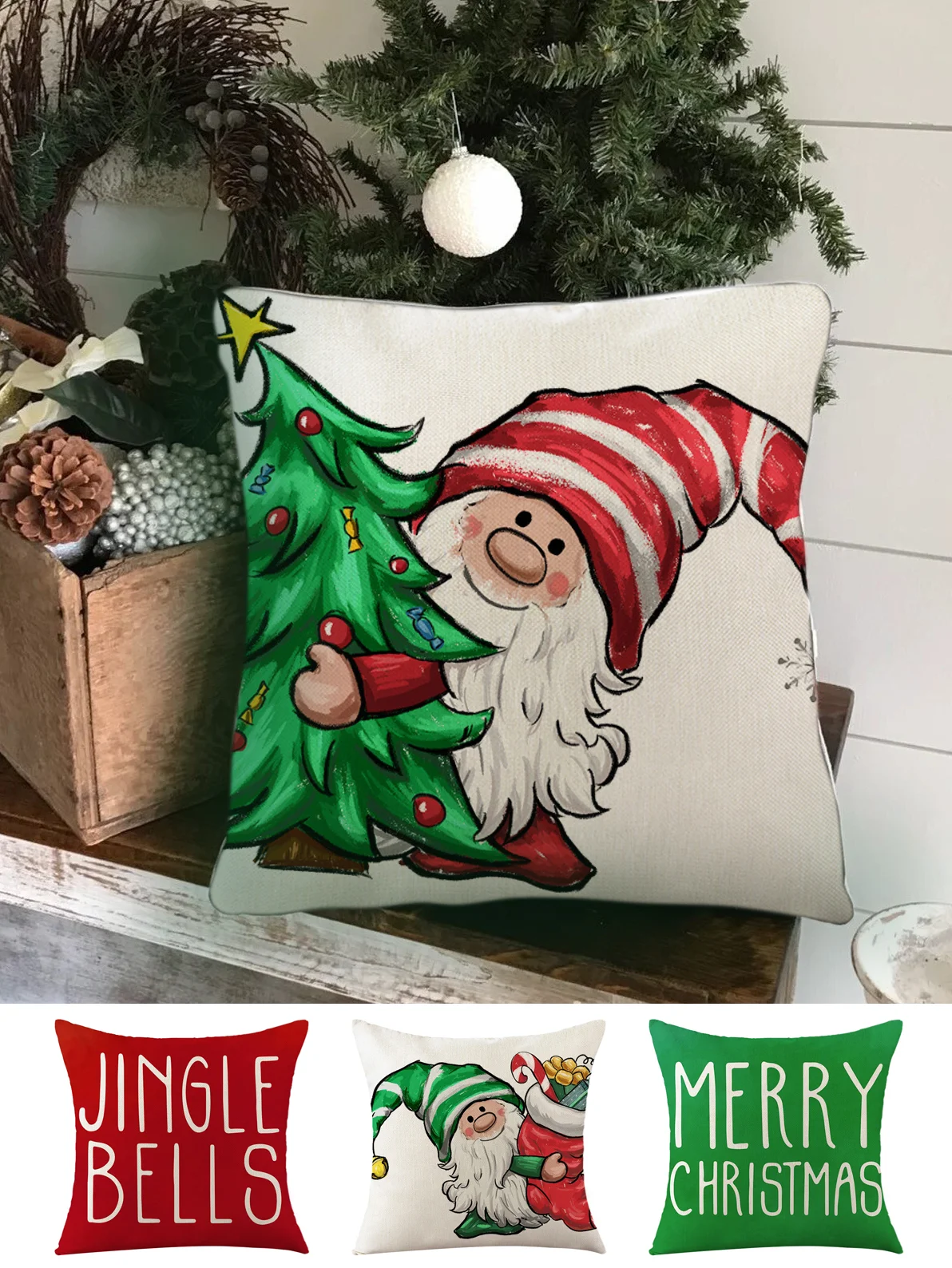 Christmas Pillowcase Red Green Christmas Elf Faceless Old Man Alphabet Print Holiday Party Cushion Cover Xmas Cushion Cover