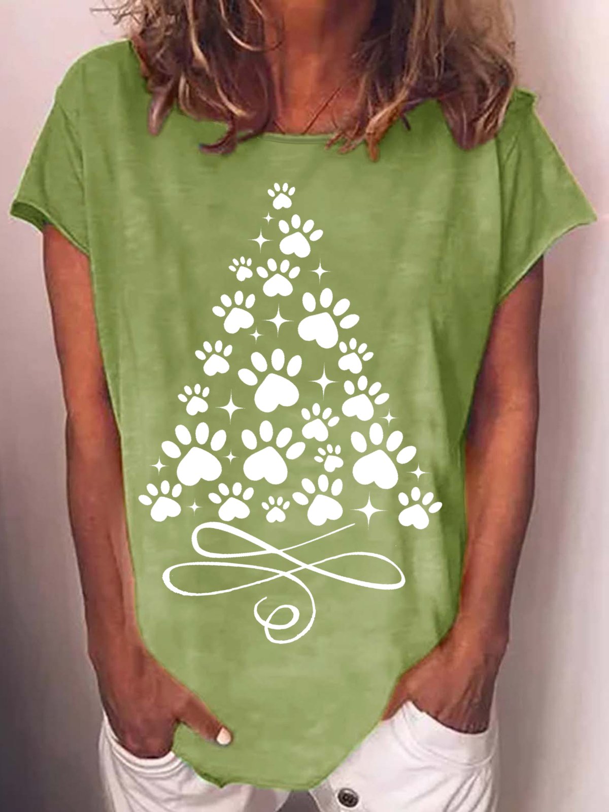 Women Paw Christmas Tree Print Casual Crew Neck T-Shirt