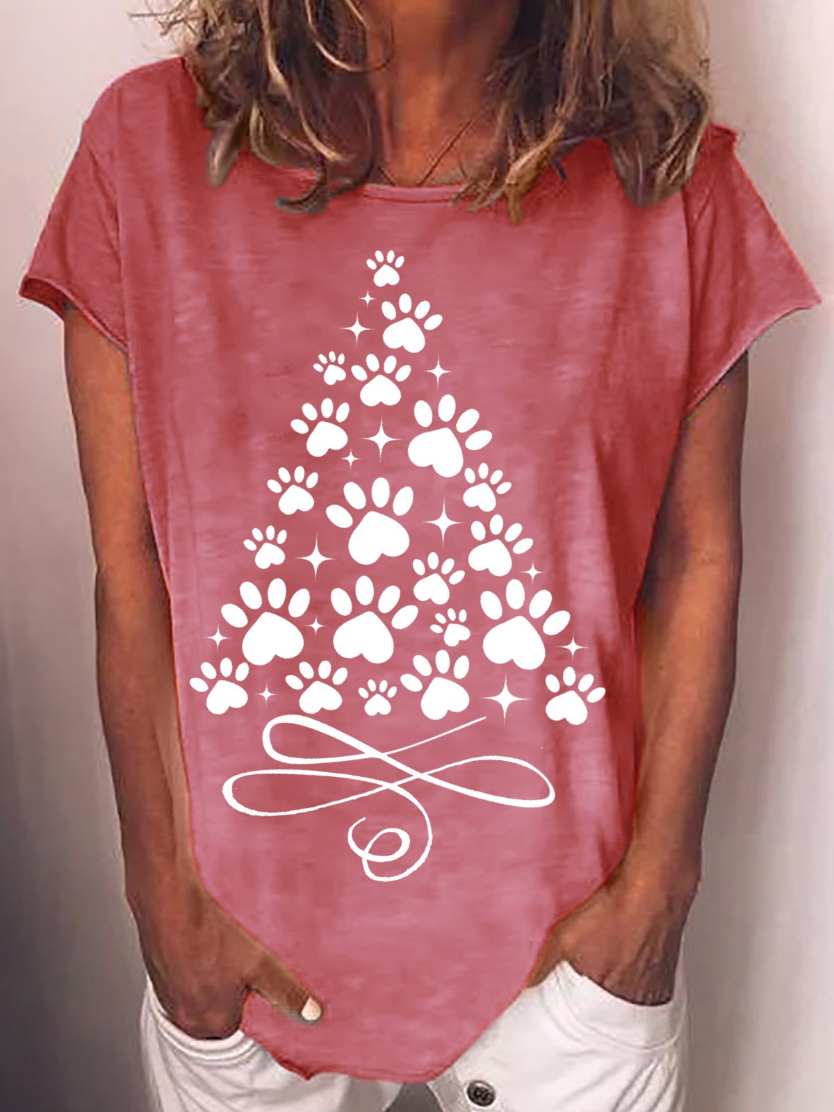 Women Paw Christmas Tree Print Casual Crew Neck T-Shirt