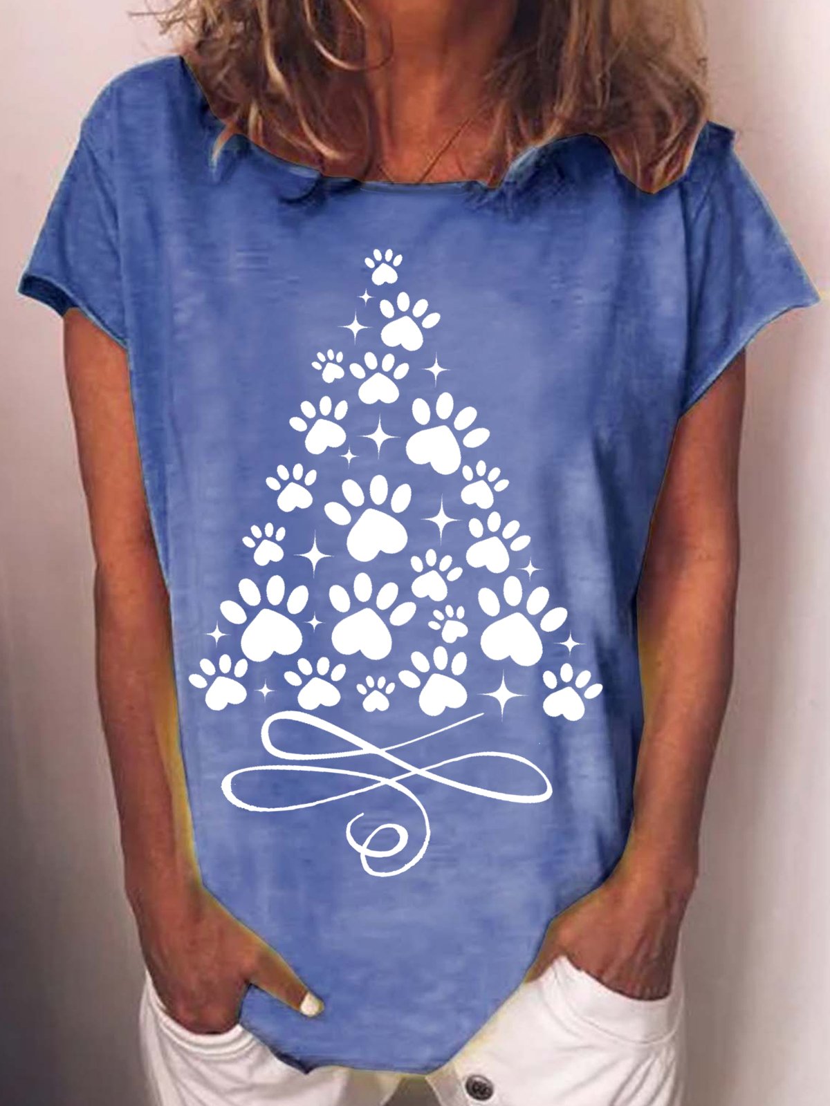 Women Paw Christmas Tree Print Casual Crew Neck T-Shirt