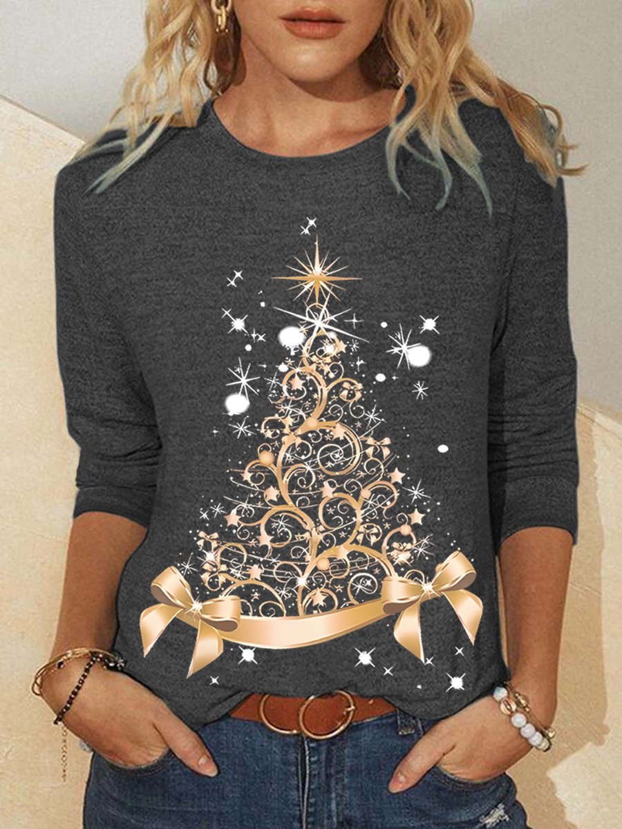 Women Christmas Tree Cotton-Blend Long sleeve Top | zolucky