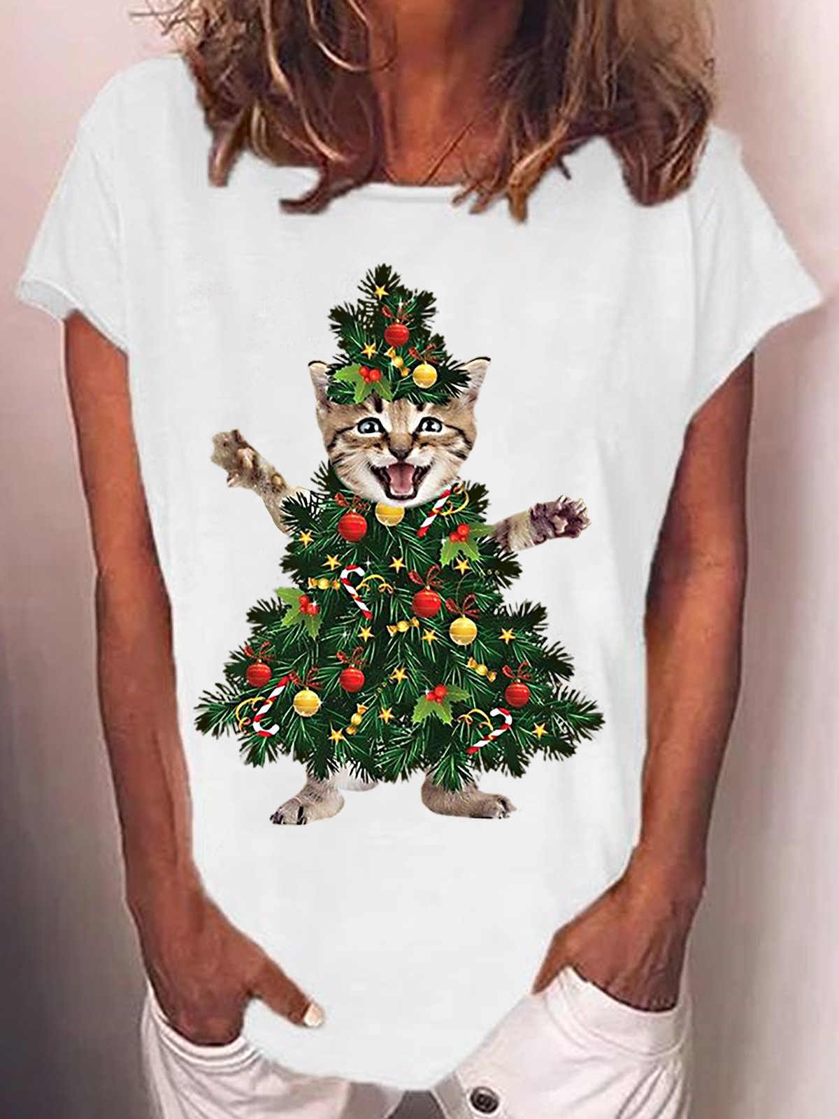 Womens Christmas Tree Cat Crew Neck T-Shirt