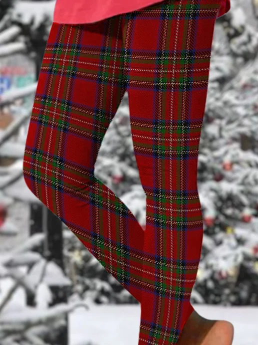 Womens Casual Christmas Plaid Leggings